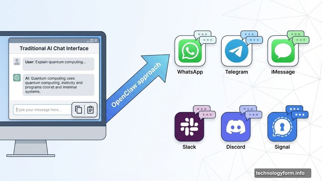 OpenClaw lives inside WhatsApp, Telegram, iMessage, Slack, Discord, and Signal
