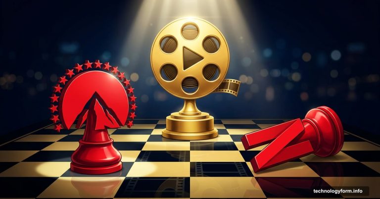 Paramount chess piece stands victorious over fallen Netflix piece beside Warner Bros. trophy