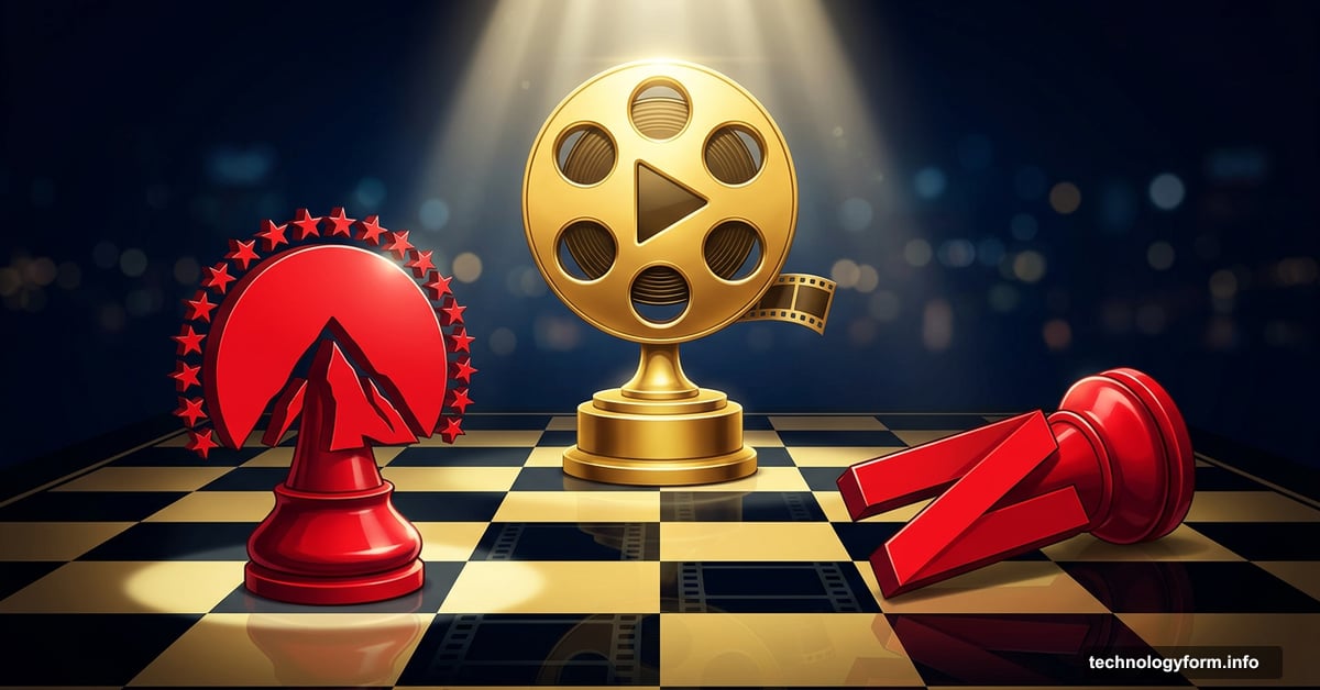 Paramount chess piece stands victorious over fallen Netflix piece beside Warner Bros. trophy