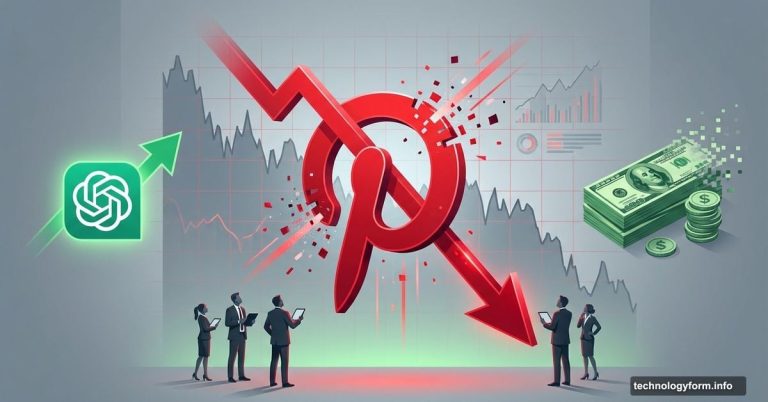 Pinterest logo falling with downward arrow while revenue disappears