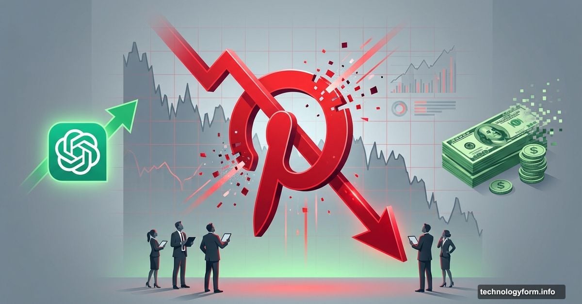 Pinterest logo falling with downward arrow while revenue disappears