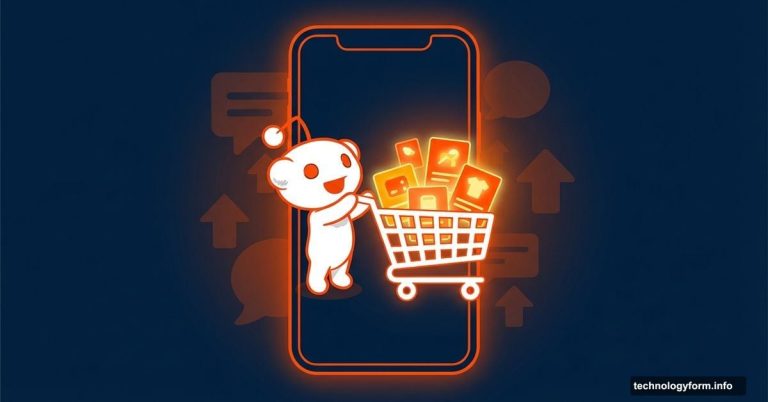 Reddit alien mascot pushing shopping cart inside a smartphone screen