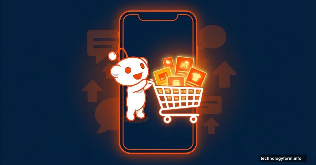 Reddit alien mascot pushing shopping cart inside a smartphone screen