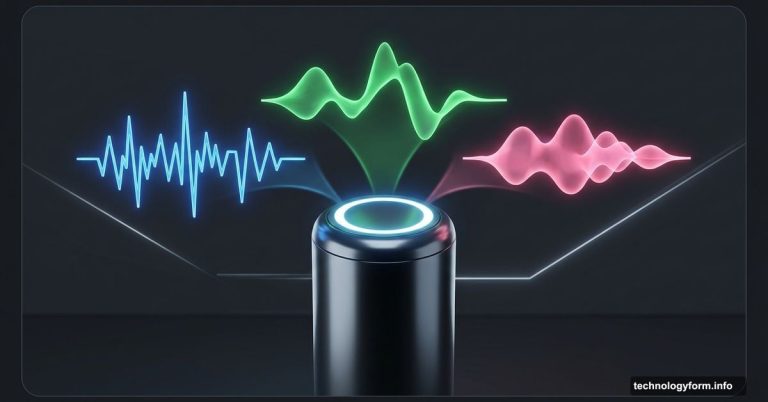 Smart speaker emitting three colorful soundwaves representing different AI personalities.