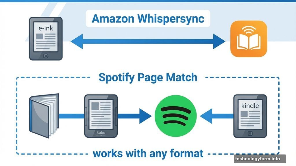 Spotify supports physical books while Amazon Whispersync uses only digital