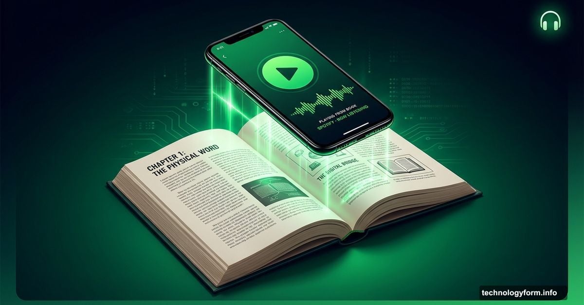 Smartphone scanning physical book page to sync with Spotify audiobook