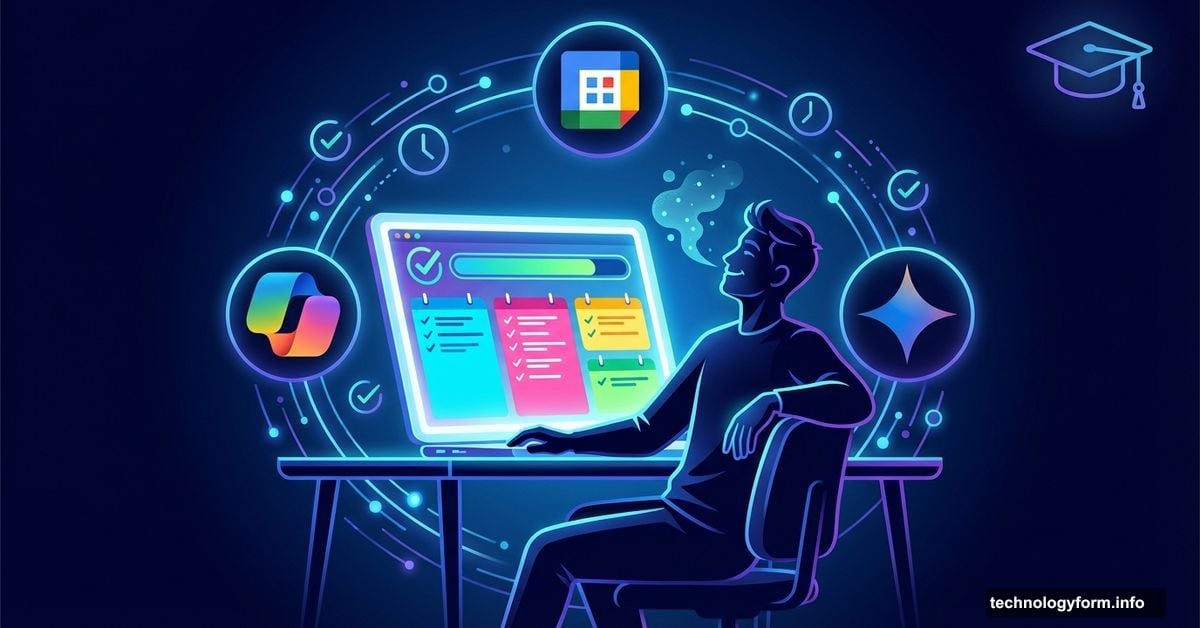 Student at laptop with AI tools conquering overwhelming schoolwork assignments