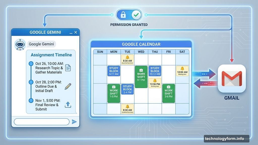 Google Gemini scheduling schoolwork alongside work shifts in Google Calendar