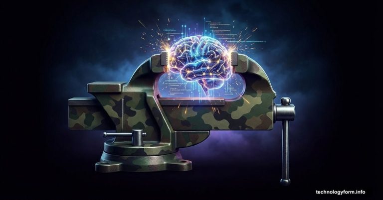 A military vise grip squeezing a glowing artificial intelligence brain.