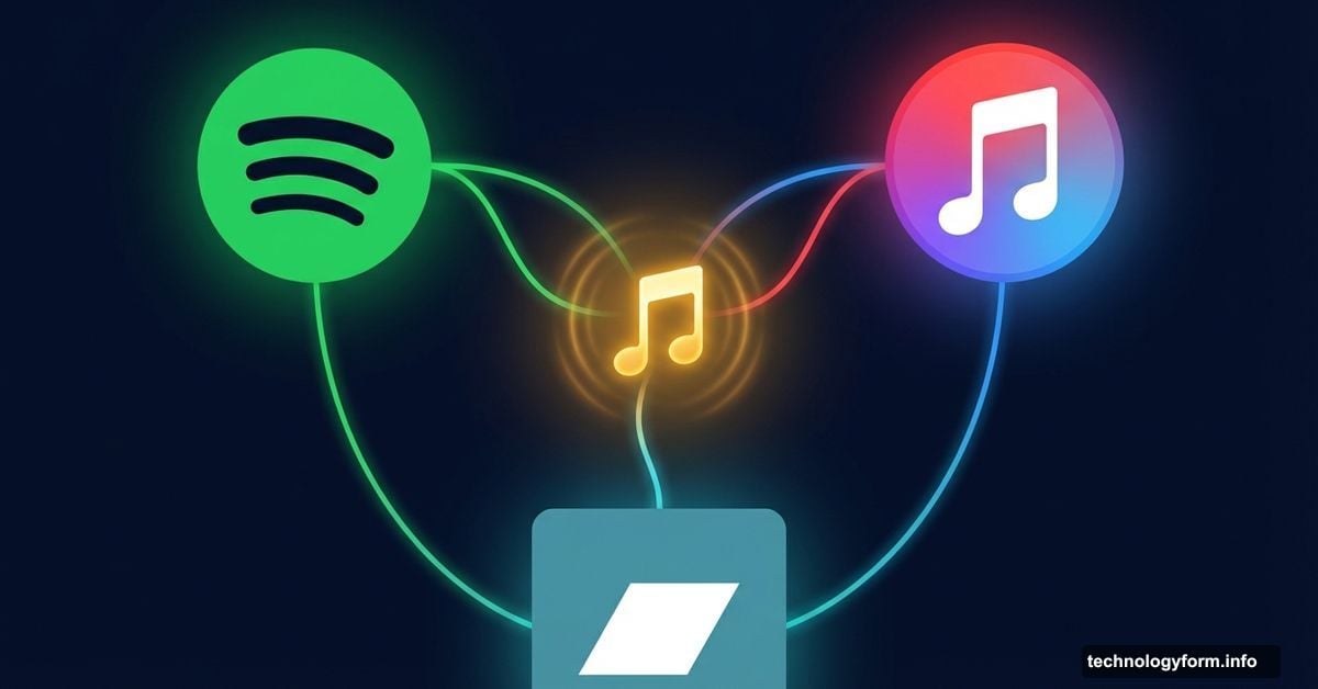 Three streaming platform icons unified by a single glowing musical note