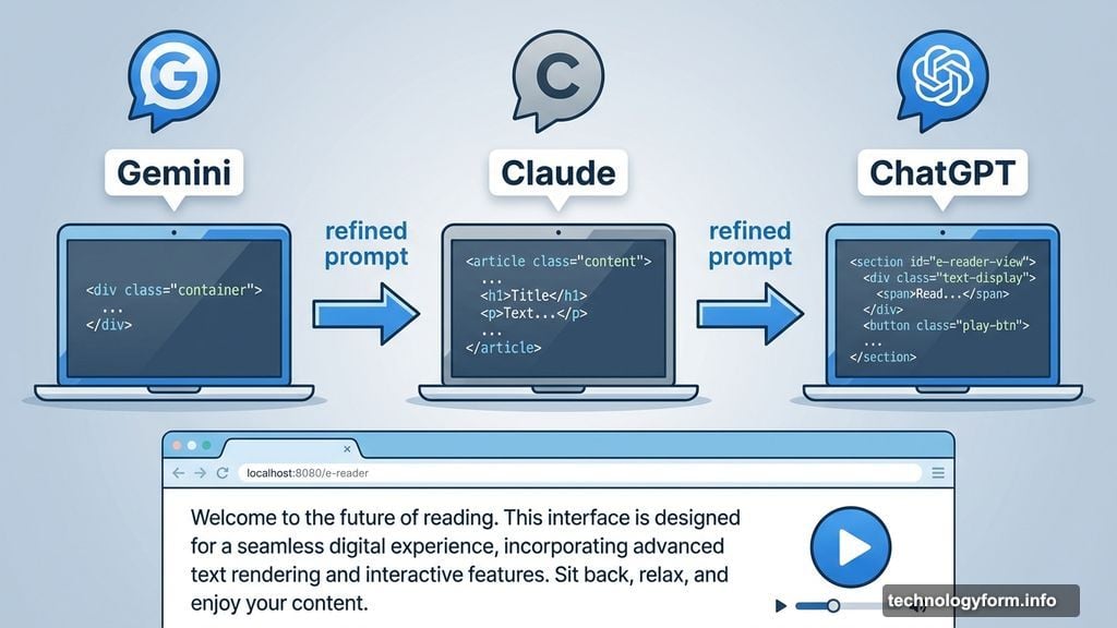 Three AI chatbots Gemini Claude and ChatGPT building identical e-reader apps