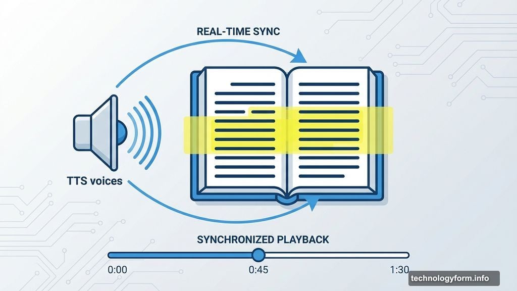 E-reader app reading aloud while highlighting text in real-time
