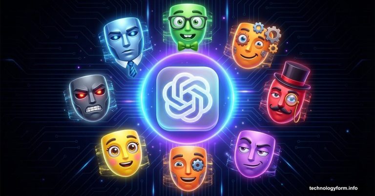 ChatGPT logo surrounded by seven distinct masks representing different AI personalities.