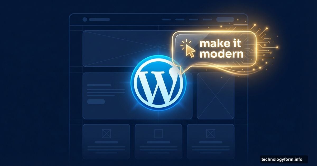 WordPress logo with glowing AI chat bubble representing built-in assistant
