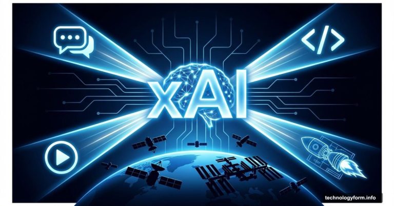 xAI logo splitting into four divisions with space satellites background