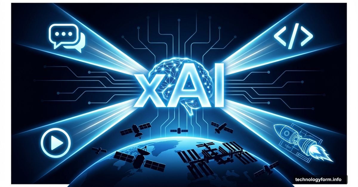 xAI logo splitting into four divisions with space satellites background