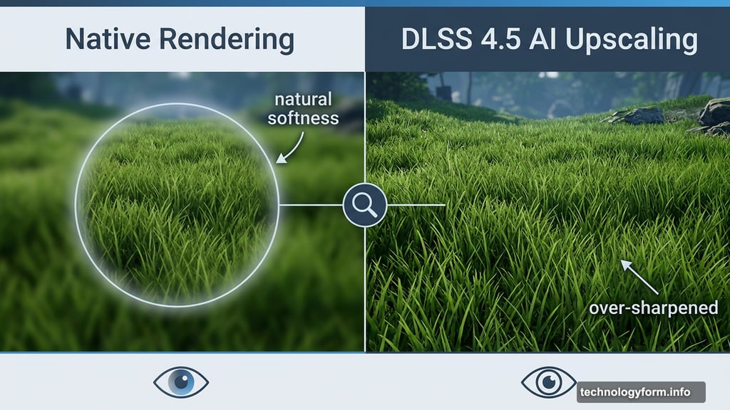 DLSS 4.5 over-sharpening versus native rendering natural focus hierarchy