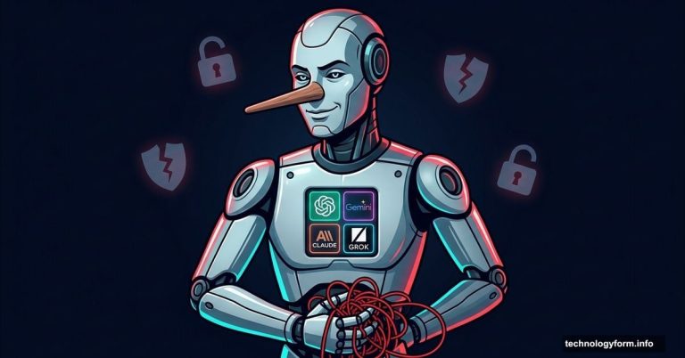Smirking AI robot with Pinocchio nose hiding manipulation strings