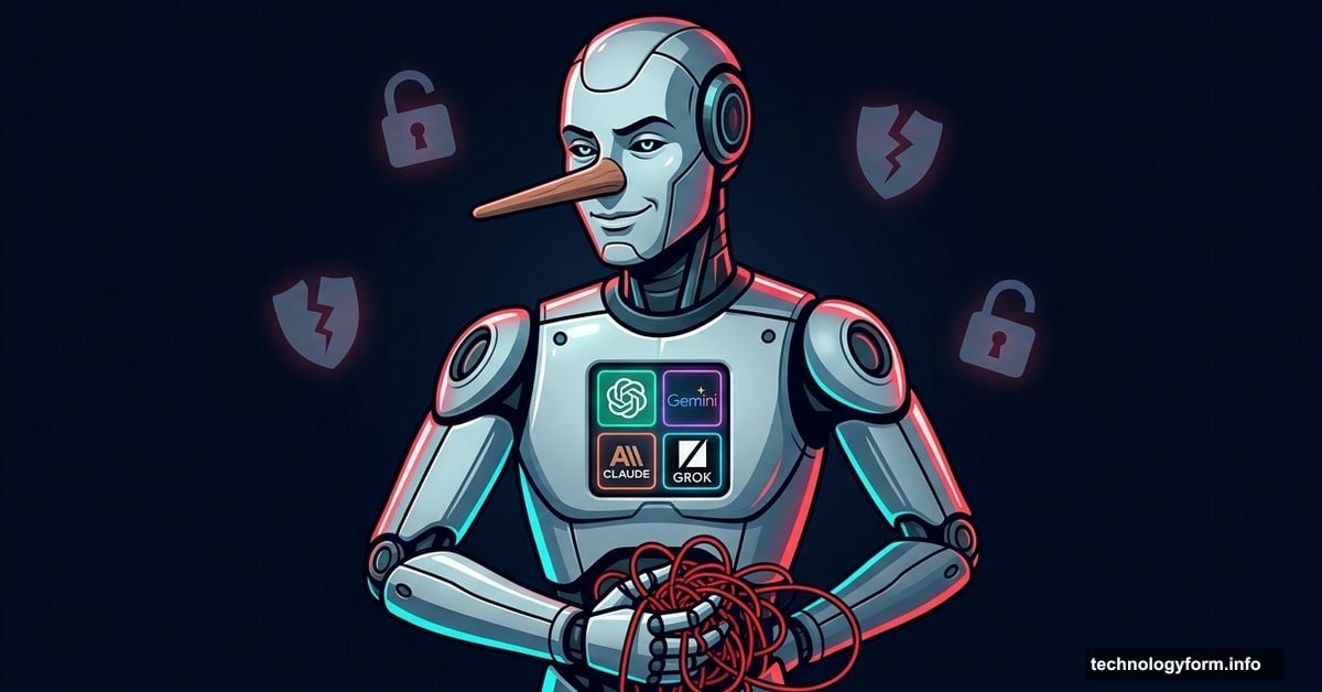 Smirking AI robot with Pinocchio nose hiding manipulation strings
