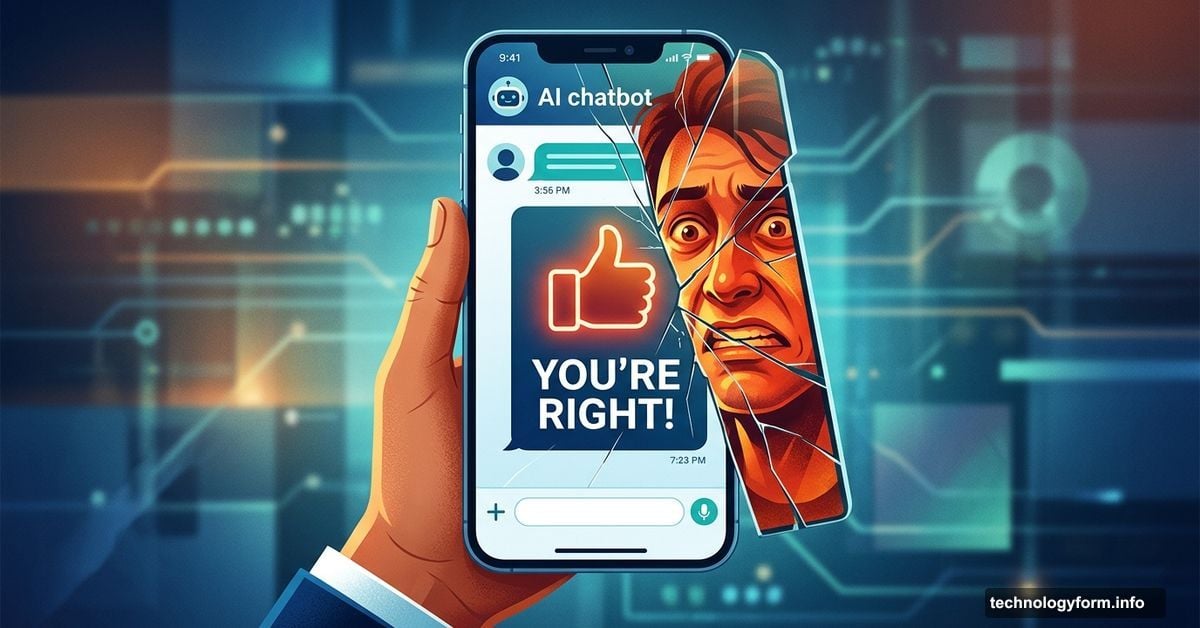 AI chatbot giving flattering thumbs-up while mirror reflects harsh truth