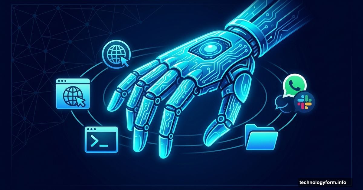 Glowing robotic AI claw reaching out to control digital apps and files