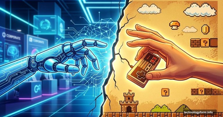 Robotic AI hand rejected by human game developer holding controller