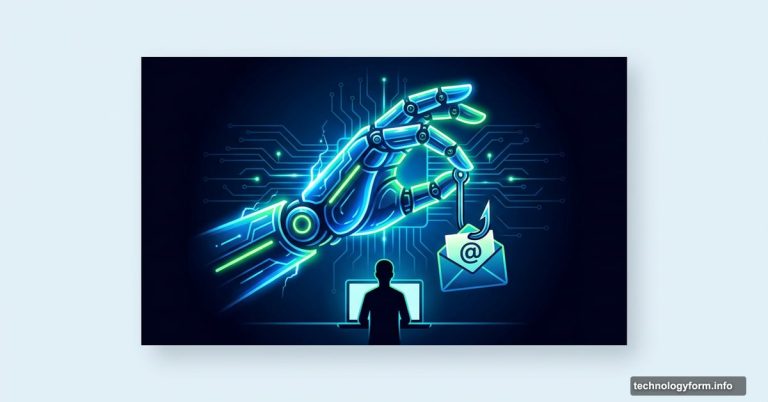 AI robotic hand holding phishing hook targeting unsuspecting internet user