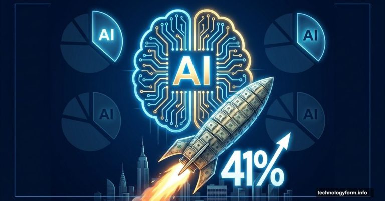 AI brain rocket launching with 41% venture capital dominance symbol