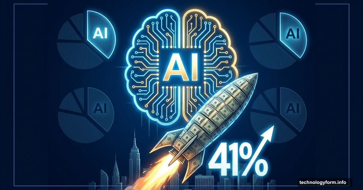 AI brain rocket launching with 41% venture capital dominance symbol