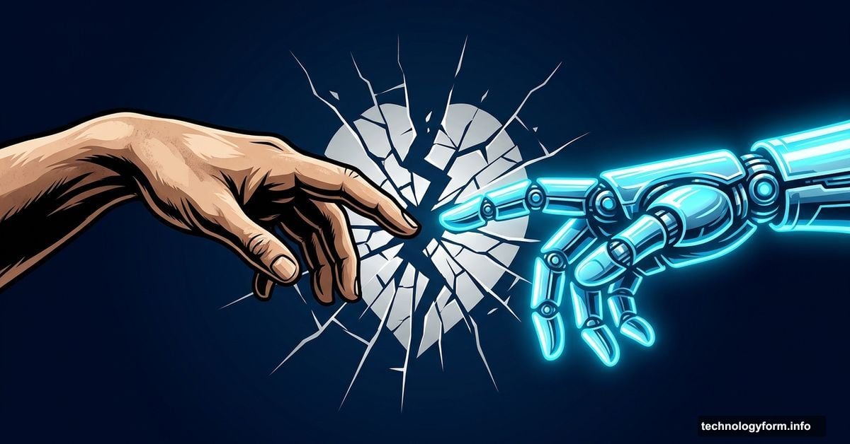 Human hand reaching toward AI robotic hand with cracked trust symbol between them