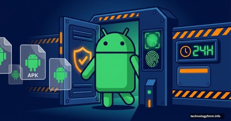 Android mascot pausing at a glowing security gate blocking APK installation
