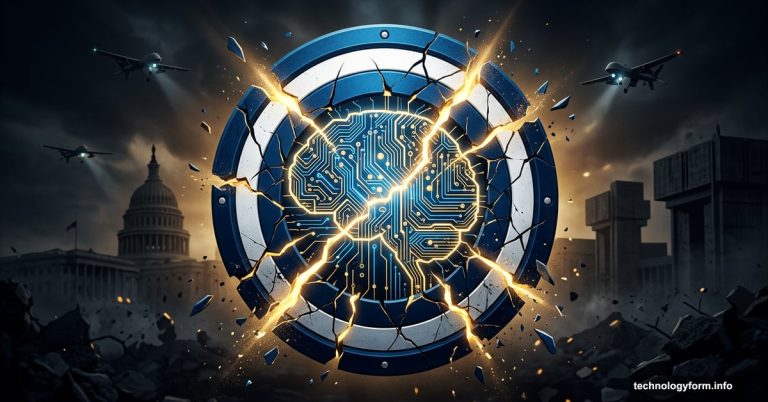 Cracked AI safety shield shattering apart with glowing circuitry inside