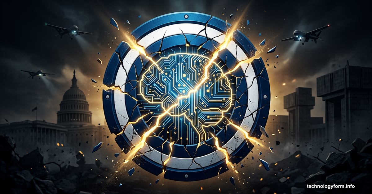 Cracked AI safety shield shattering apart with glowing circuitry inside