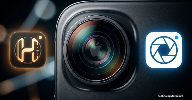 Apple logo reflected in iPhone camera lens beside Halide app icon
