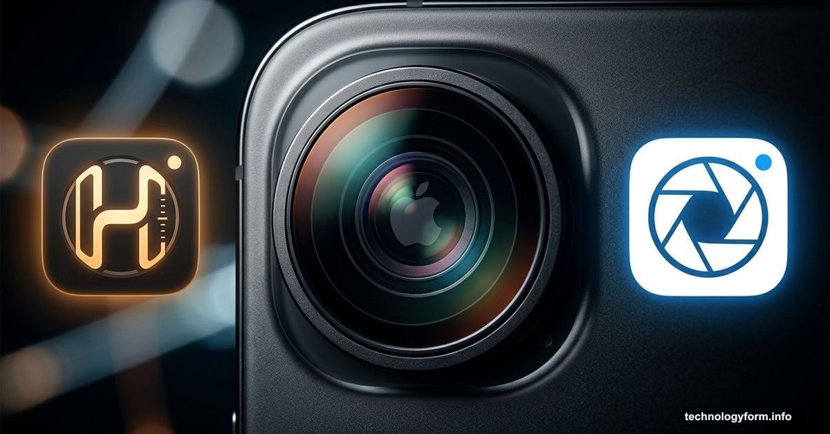 Apple logo reflected in iPhone camera lens beside Halide app icon