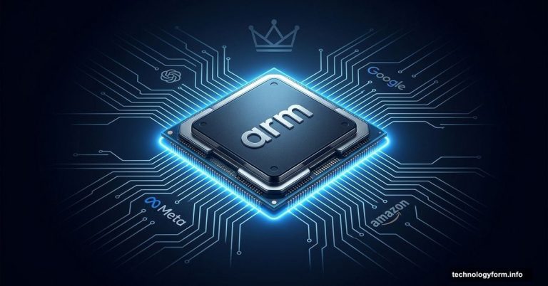 Arm's debut CPU chip glowing at center connected to Meta and tech giants