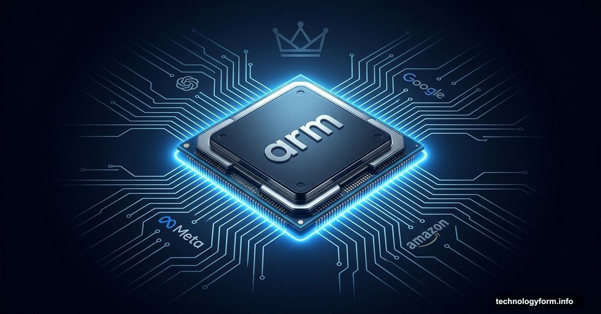 Arm's debut CPU chip glowing at center connected to Meta and tech giants