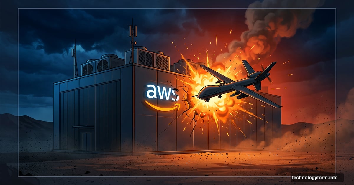 Drone strike hitting an AWS data center building in desert at night
