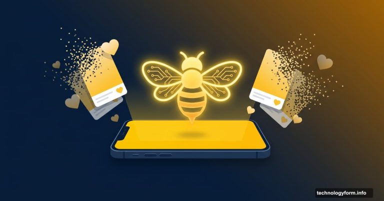 Glowing AI bee replacing swipe cards on a dating app smartphone