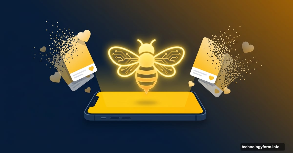 Glowing AI bee replacing swipe cards on a dating app smartphone