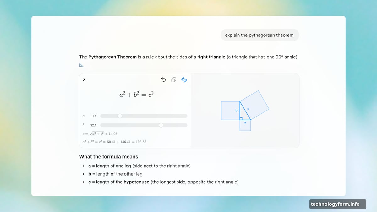 ChatGPT interactive visual updates Pythagorean theorem as you adjust numbers
