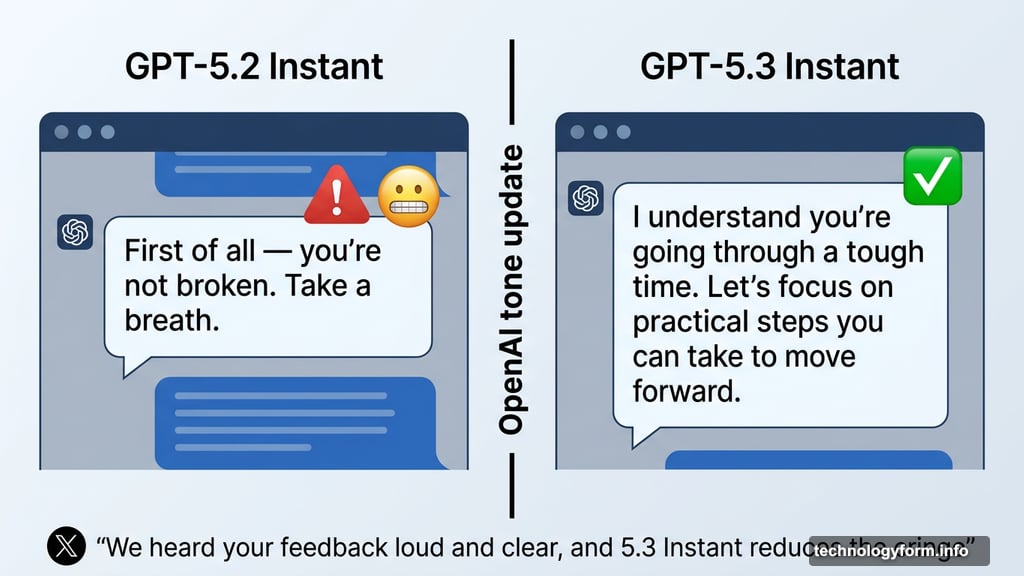 Split-screen GPT-5.2 over-reassuring response versus GPT-5.3 direct reply