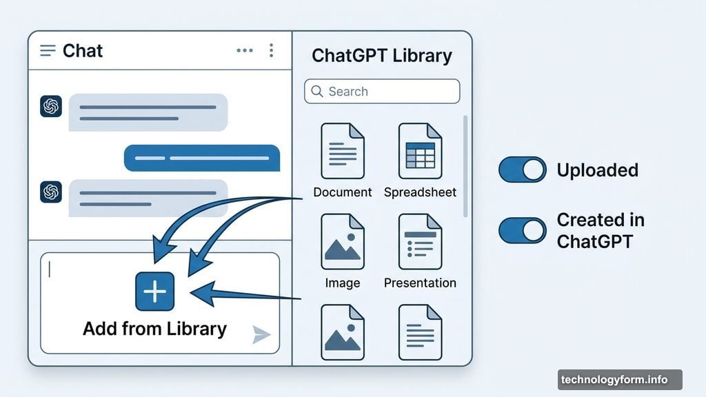 ChatGPT Library sidebar lets users browse and retrieve uploaded files