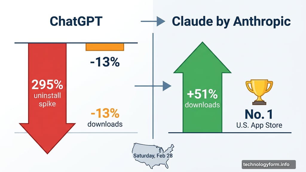 ChatGPT uninstalls jumped 295% while Claude hit No. 1 App Store