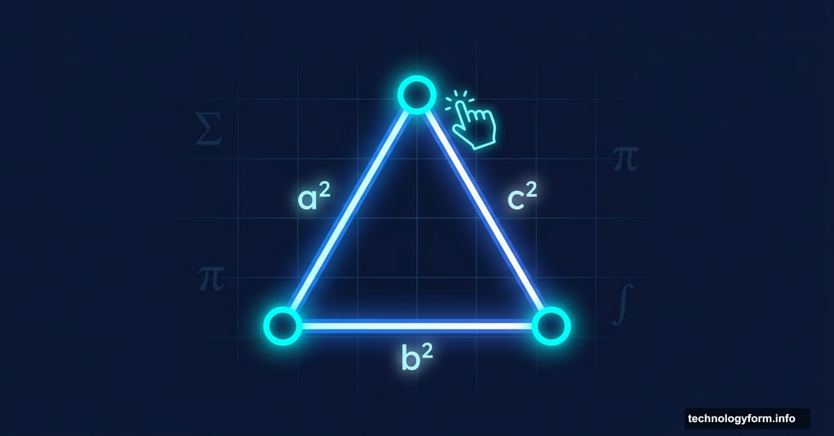 Interactive glowing triangle widget showing Pythagorean theorem with draggable handles