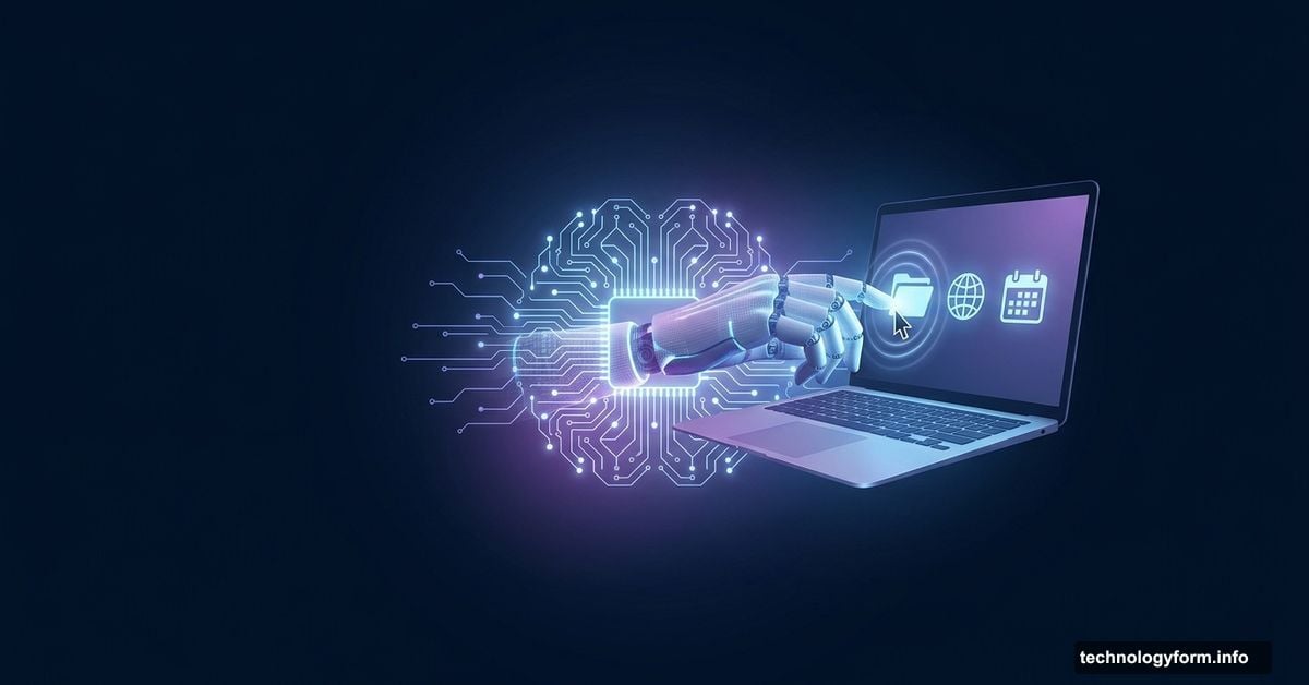 AI robotic hand precisely controlling a laptop computer with glowing interface