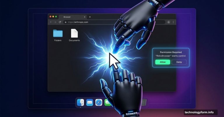 Robotic AI hand clicking MacOS interface with glowing permission dialog