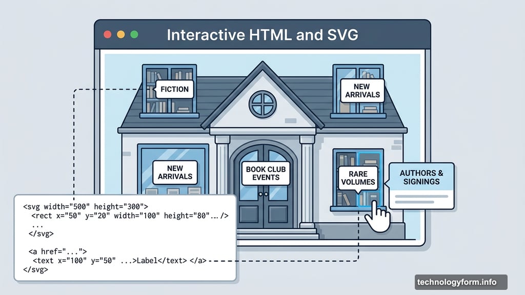 Clickable SVG house illustration with interactive windows and doors