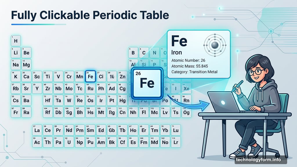 Fully clickable periodic table where each element opens detailed information