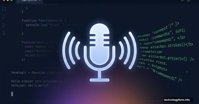 Microphone transforming into code lines representing Claude Code voice mode